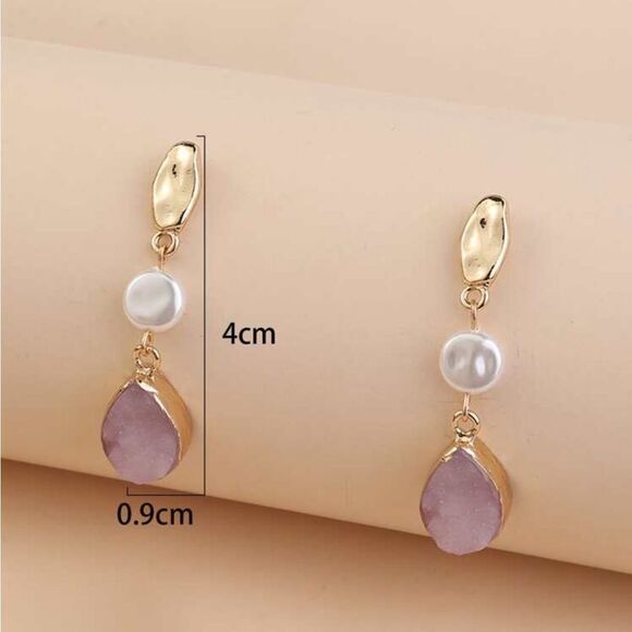 Natural Stone Pink White Drop Earrings - Picture 3 of 3